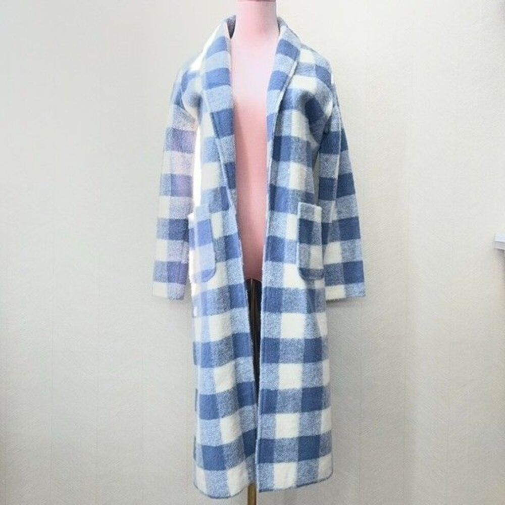 Tahari Long Sleeve Pockets Blue White Buffalo Check Long Wool Coat Womens M